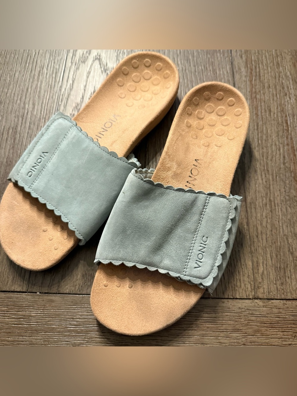 Blue scalloped Vionic slides